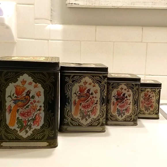 Vintage black floral set of 4 nesting tins